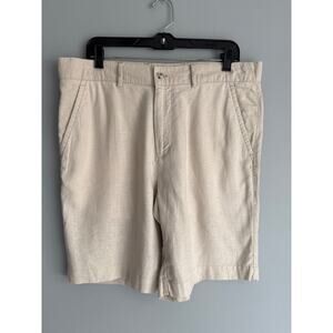 Alan Flusser Men's W36 Linen Rayon Shorts Beige Khaki Flat Front 2 Back Pockets